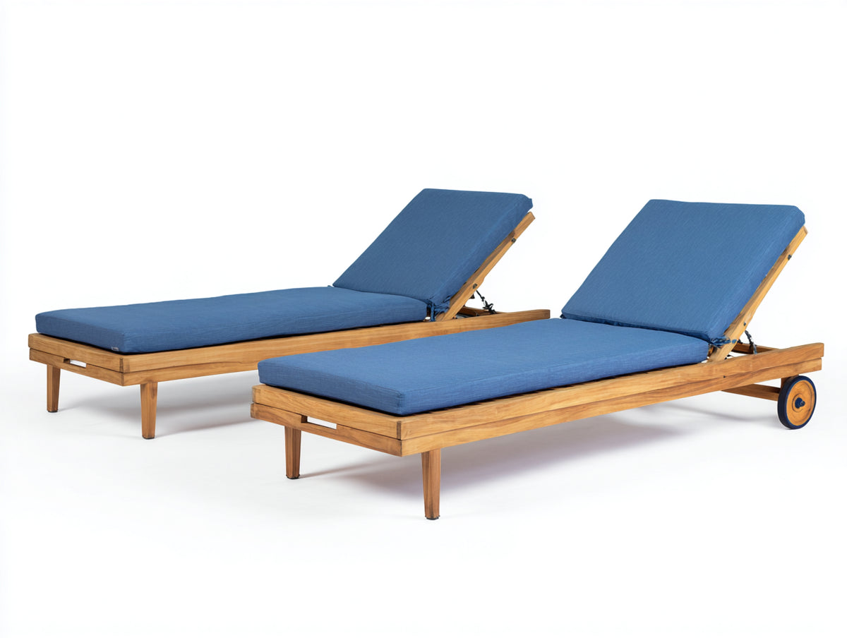Tumbonas de madera maciza 200x70x82 cm - Madera natural-Azul - Juego de 2 con respaldo reclinable y ruedas