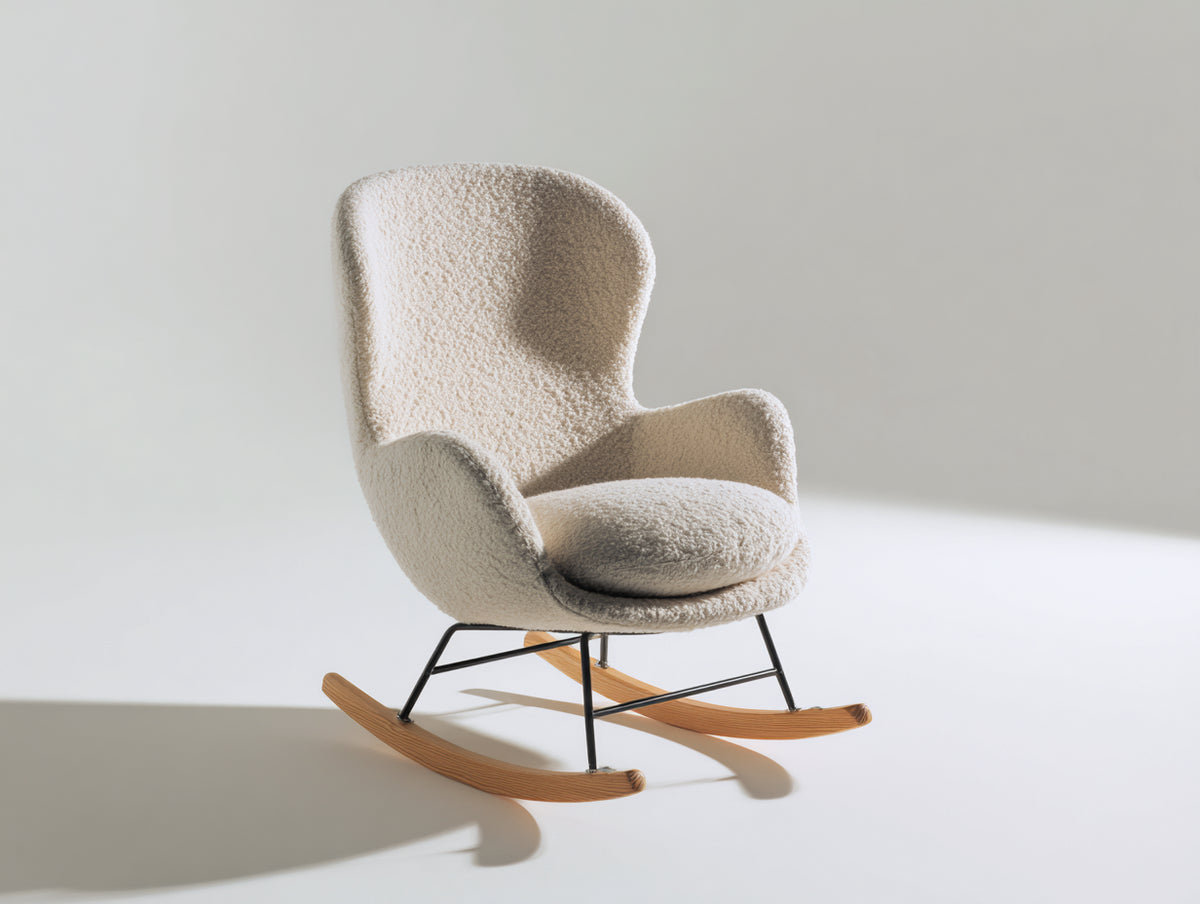 Mecedora tapizada de bouclé 70 x 88 x 96 cm - Beige y negro - respaldo alto con patines de madera