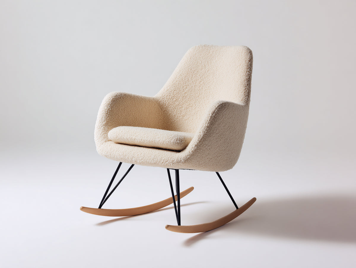 Mecedora tapizada de bouclé 74 x 88 x 94 cm - Beige y negro - respaldo alto con reposabrazos y patines de madera