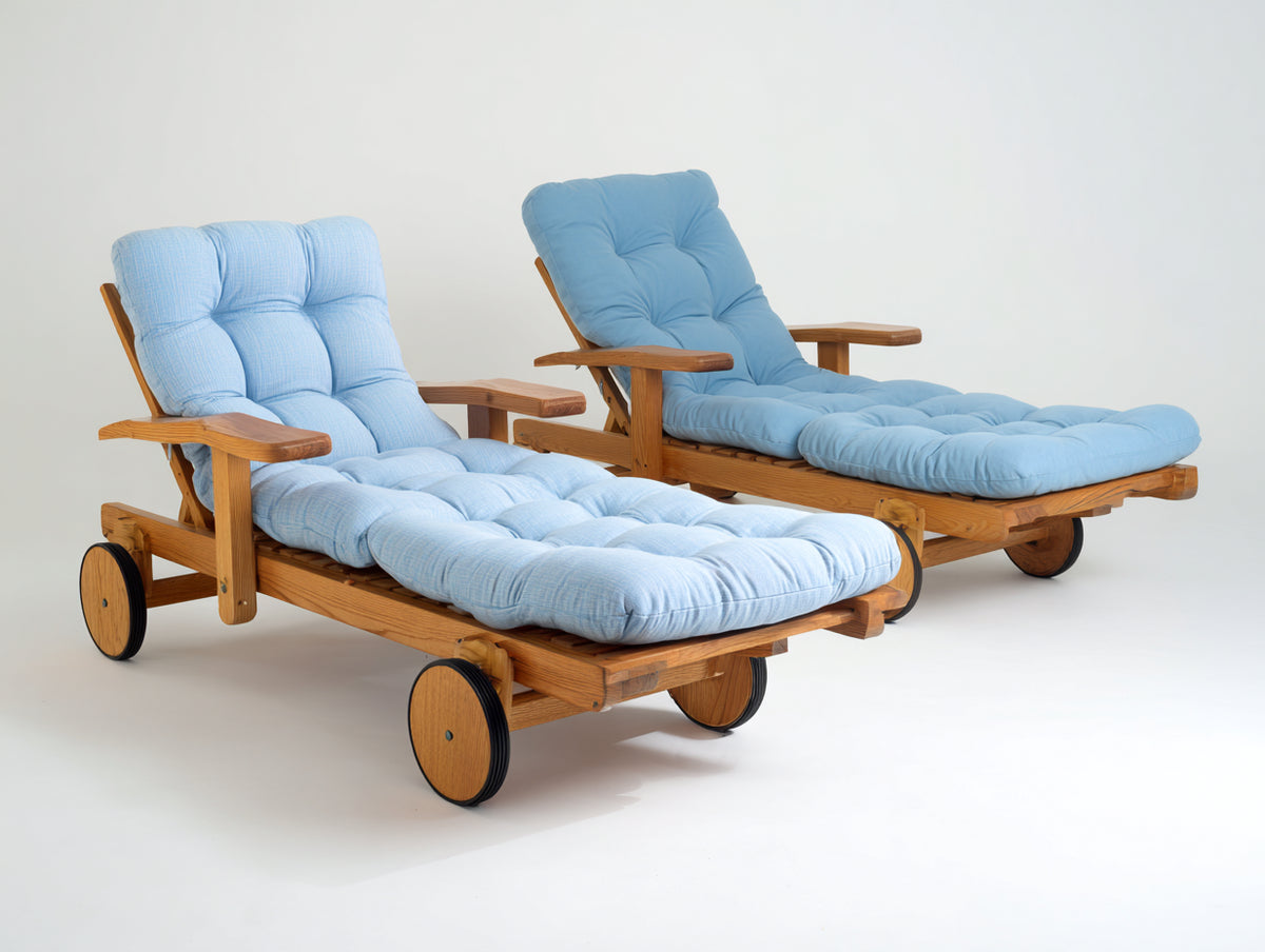 Tumbonas de madera maciza 200x70x88 cm - Madera natural-Azul claro - Juego de 2 con respaldo reclinable y ruedas