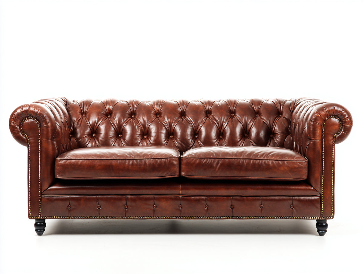 Sofá 2 plazas de cuero 190 x 90 x 78 cm - Marrón coñac - estilo Chesterfield con capitoné y brazos enrollados