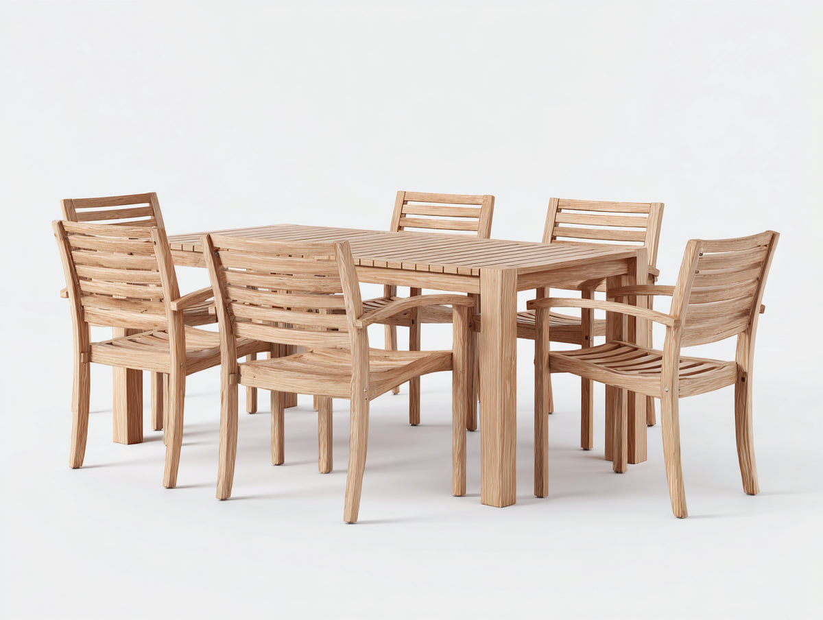 Conjuntos de comedor de jardín de madera para 6 personas - Mesa rectangular 180 x 90 x 75 cm - Marrón claro con diseño de listones