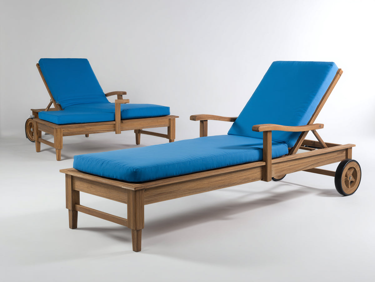 Tumbonas de jardín de madera maciza 200 x 70 x 90 cm - Natural y azul - respaldo regulable con reposabrazos y ruedas