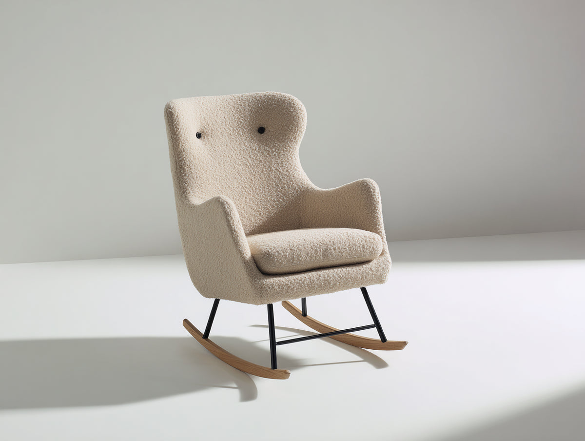 Mecedora tapizada de bouclé 72 x 90 x 98 cm - Beige y negro - respaldo alto con patines de madera
