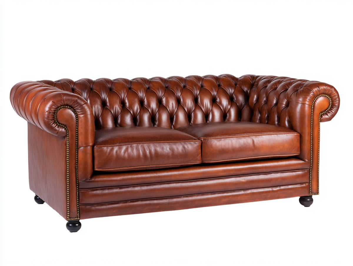 Sofás 2 plazas tapizado efecto cuero 170 x 92 x 78 cm - Marrón coñac - Diseño Chesterfield capitoné con brazos enrollados