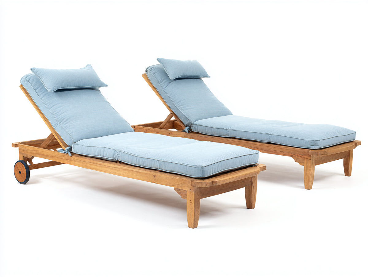 Tumbonas de jardín de madera maciza 200 x 65 x 88 cm - Natural y azul claro - respaldo regulable y ruedas