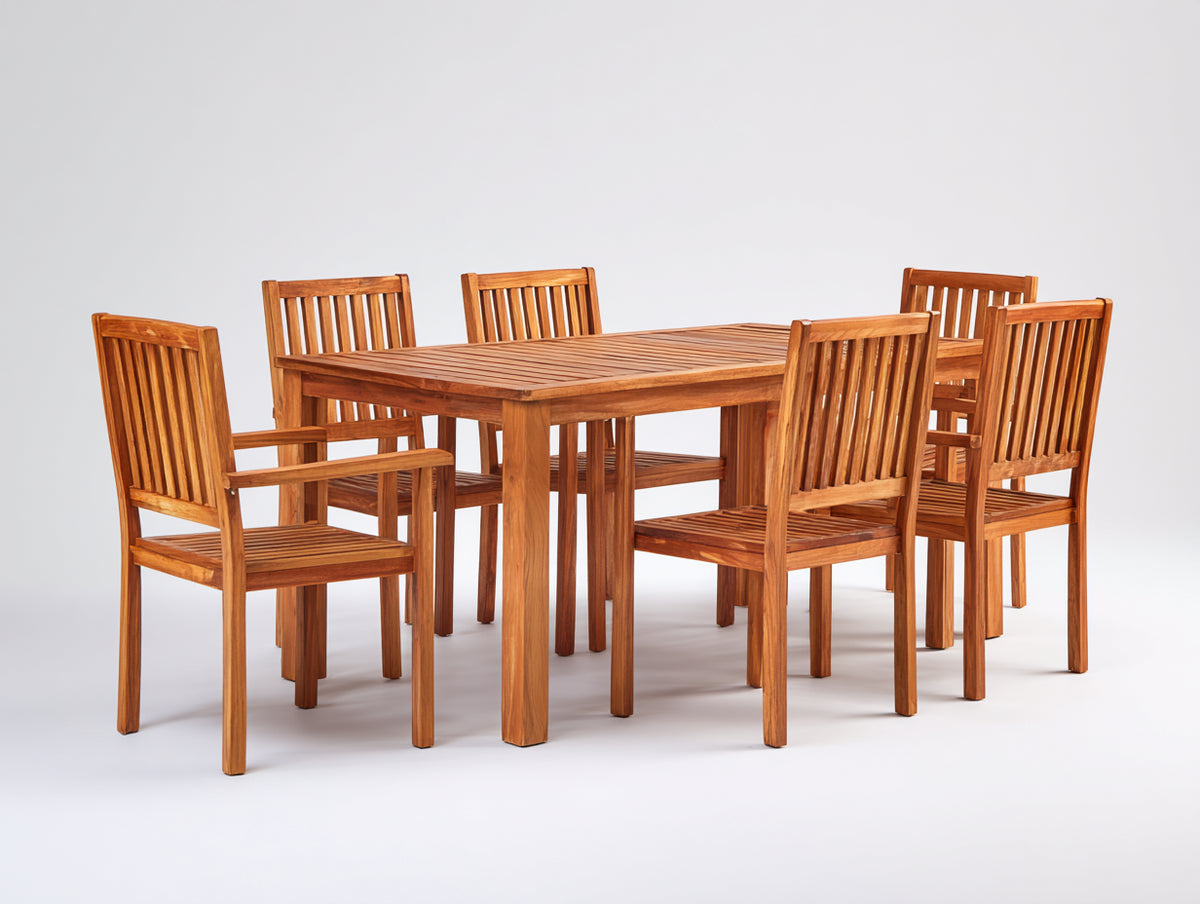 Conjuntos de comedor de jardín de madera 160 x 90 x 75 cm - marrón natural - mesa rectangular con 6 sillas