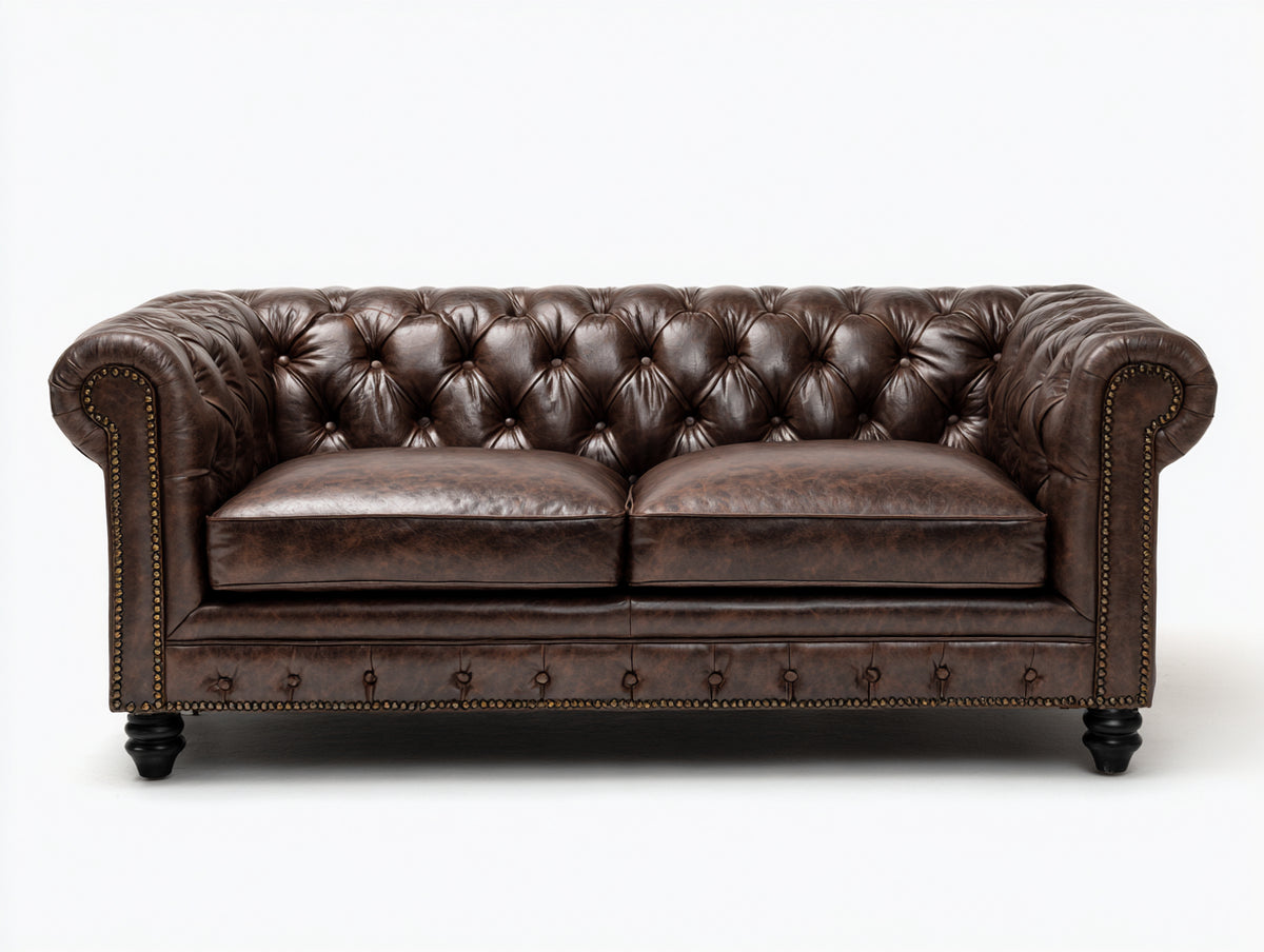 Sofás 2 plazas tapizados 185x92x76 cm - Marrón envejecido - Efecto cuero capitoné con brazos enrollados