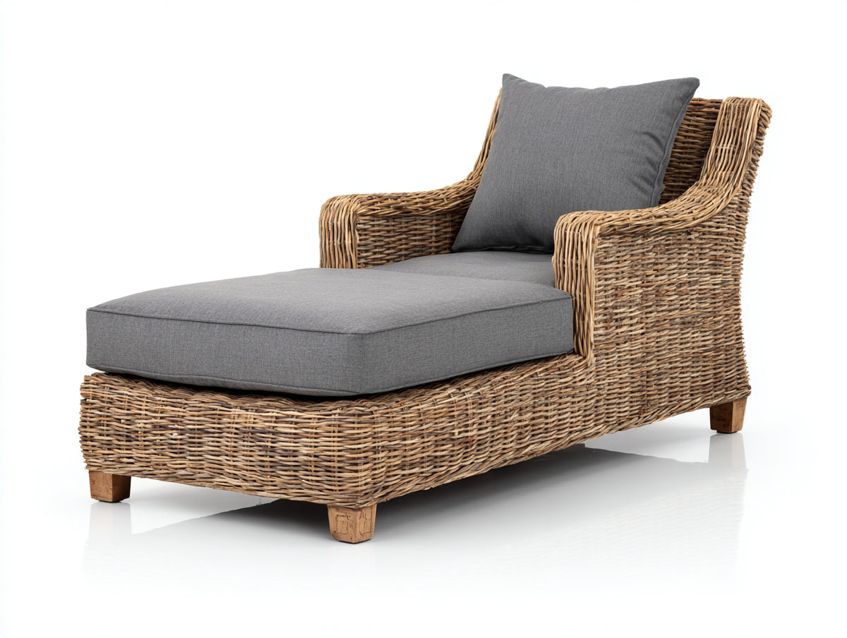 Tumbona de jardín de ratán natural 160 x 70 x 78 cm - Natural y gris - con cojín de asiento acolchado