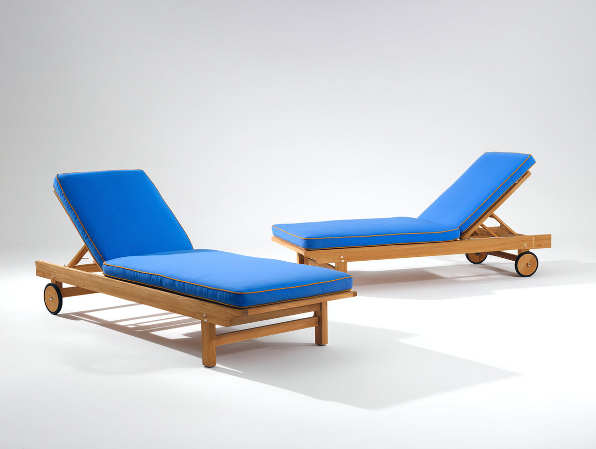 Tumbonas de jardín de madera maciza 195 x 65 x 85 cm - Natural y azul - respaldo regulable y ruedas